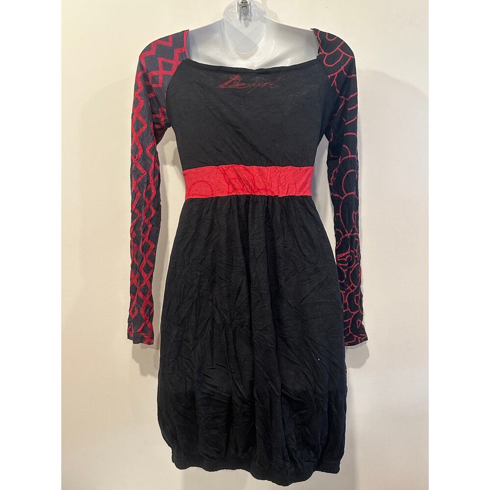 Desigual Vintage Y2K Red Floral Graphic Patchwork Bubble Hem Mini Dress S - Picture 3 of 7